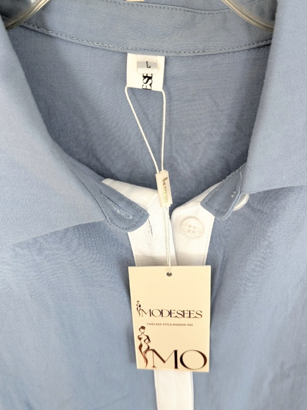 🔹 Modesees Chambray Blue Maxi Shirt Dress Colorblock Size L 🔹 - Picture 4 of 7
